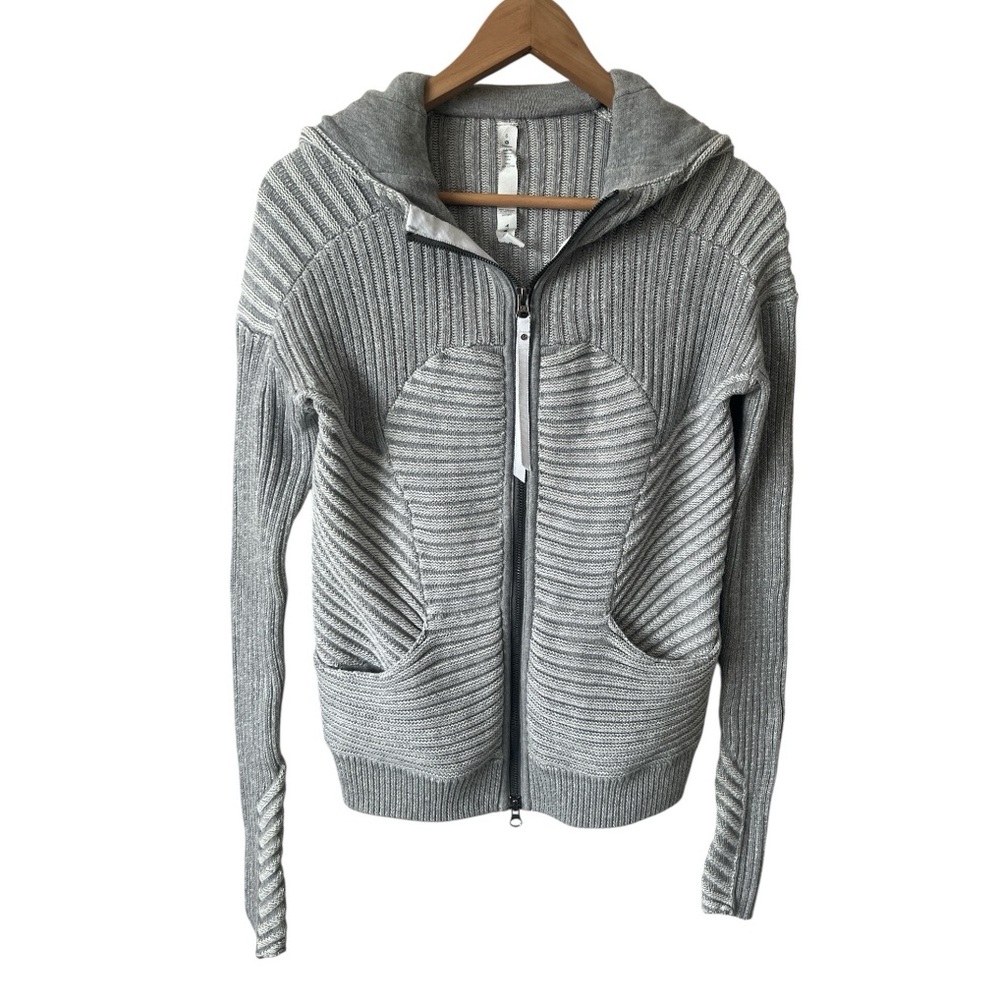 Lululemon Embrace Heather Grey White Ribbed Cotton Zip Hoodie Jacket Gray Size 6